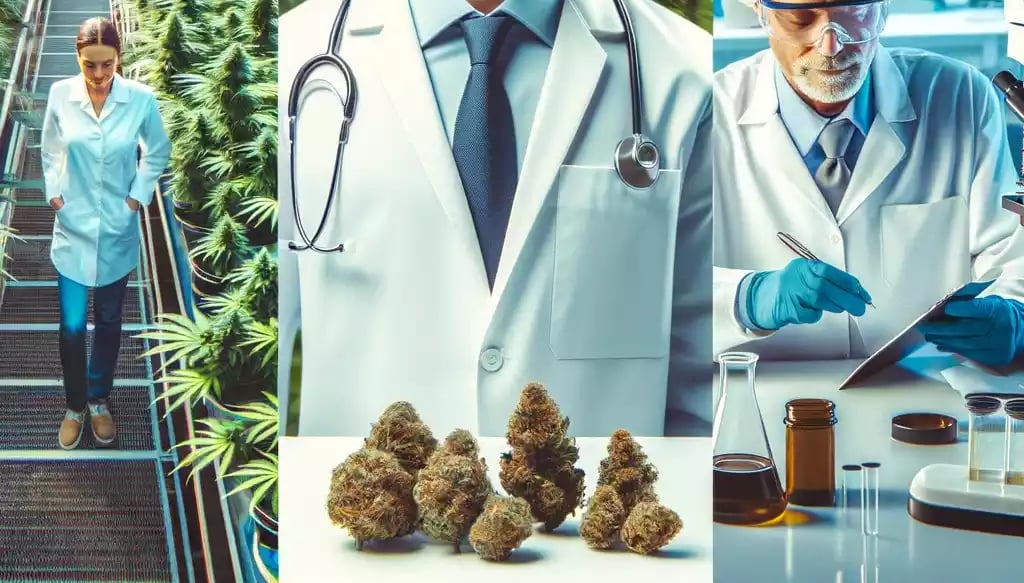  image representing a professional working in the cannabis industry. The image should feature a diverse range of roles, such as a cultivator 