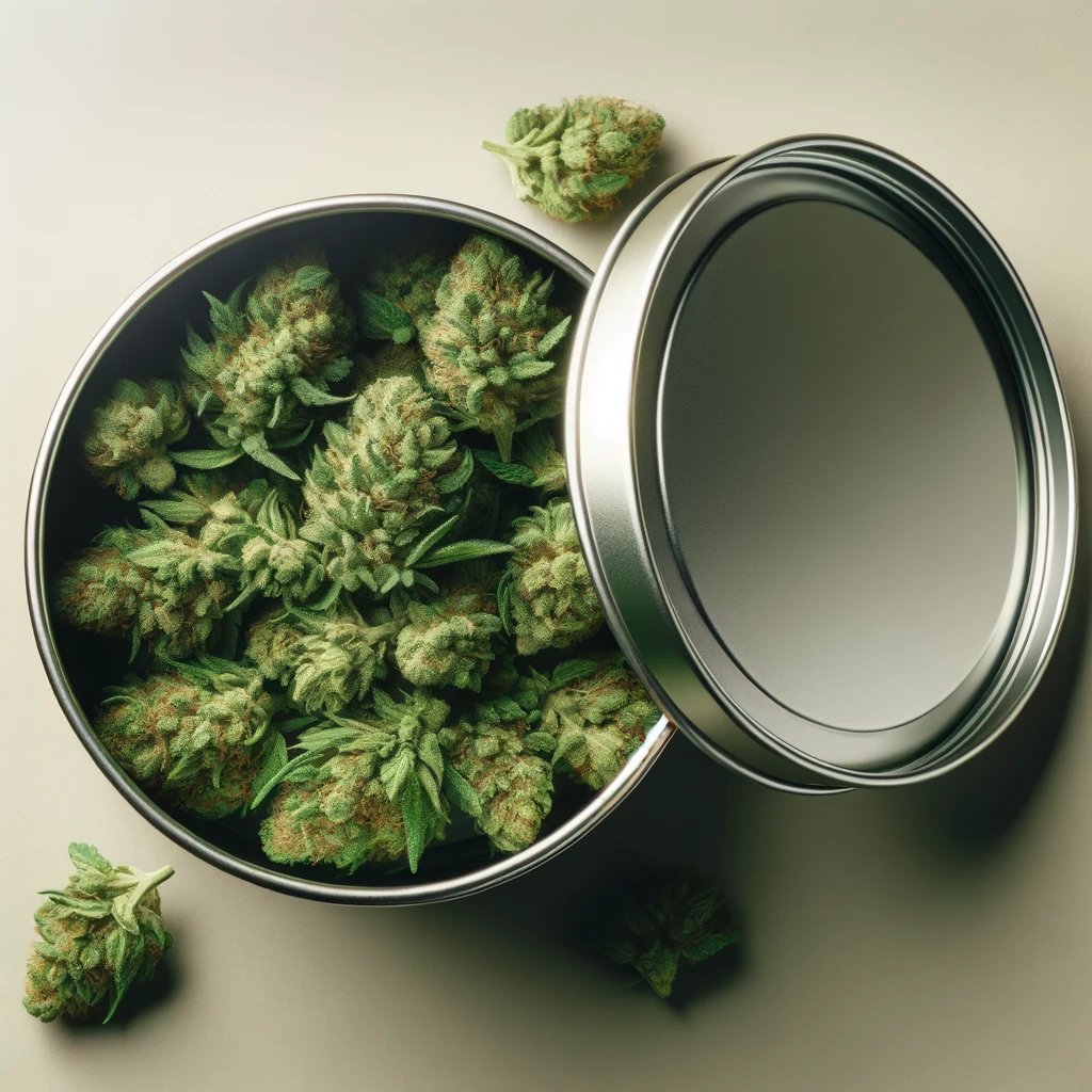 cannabis in metal storage container